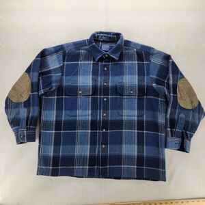 Pendleton Navy and Light Blue Plaid Shirt with Tan Elbow Patches